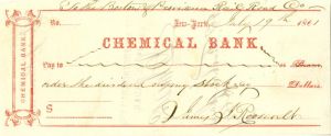 Chemical Bank Check Signed by James J. Roosevelt - Grandfather of Theodore Roosevelt